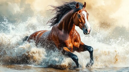 Majestic chestnut stallion powerfully runs through surging waves, mane and tail flowing dramatically