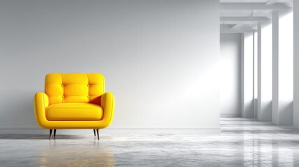Bright yellow armchair standing alone in a modern lobby, highlighting contemporary interior aesthetics.