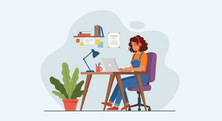 Young woman working from home on laptop, perfect for illustrating remote work, freelance, or online learning.