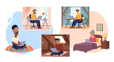 Diverse group of people working remotely from home, perfect for illustrating work-from-home concepts.
