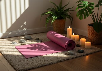 Cozy home yoga corner with a rolled pink mat on a rug, surrounded by candles, smooth stones, and lush green houseplants in soft natural morning light.	