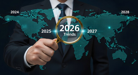 Businessman pointing to the year 2026 on a futuristic world map interface for global business planning.