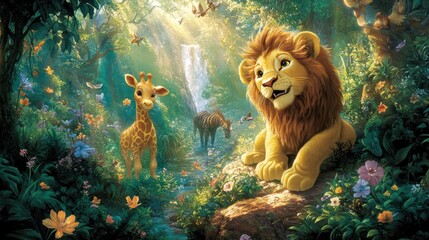 Lion and Giraffe in Lush Jungle