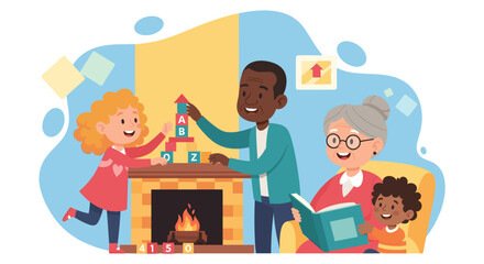 Happy multigenerational family playing together by the fireplace – perfect for family, education, and children's book illustrations.