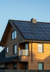 Close-up of new suburban house with a photovoltaic system on the roof. Modern eco friendly passive house with solar panels on the gable roof, with sunlight in the morning vibes