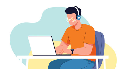 Illustration of a young man working on his laptop, perfect for websites or blog posts about remote work, technology, or online learning.