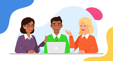 Diverse business team collaborating on a laptop, ideal for website banners or presentations.