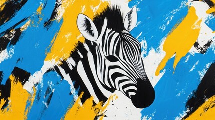 Zebra portrait amidst vibrant blue and yellow abstract strokes