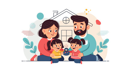 Happy family with two daughters sitting in front of their house - perfect for family, home, and real estate websites and brochures.