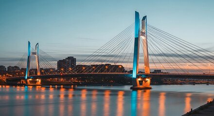 Obraz premium Illuminated cable-stayed bridge reflecting in the water at dusk with a modern city skyline