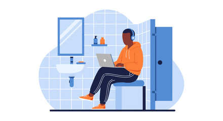 Man working on laptop in bathroom, perfect for illustrating work-life balance or remote work.