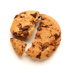 Pieces of tasty cookie with chocolate chips on white background