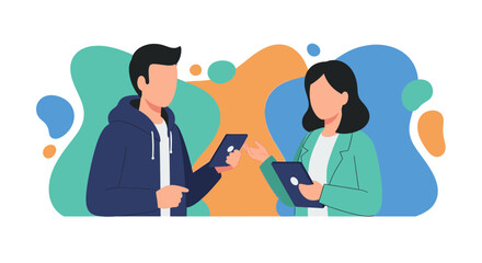 Two colleagues collaborating on a project, using tablets. Ideal for websites or presentations related to teamwork, communication, and technology.