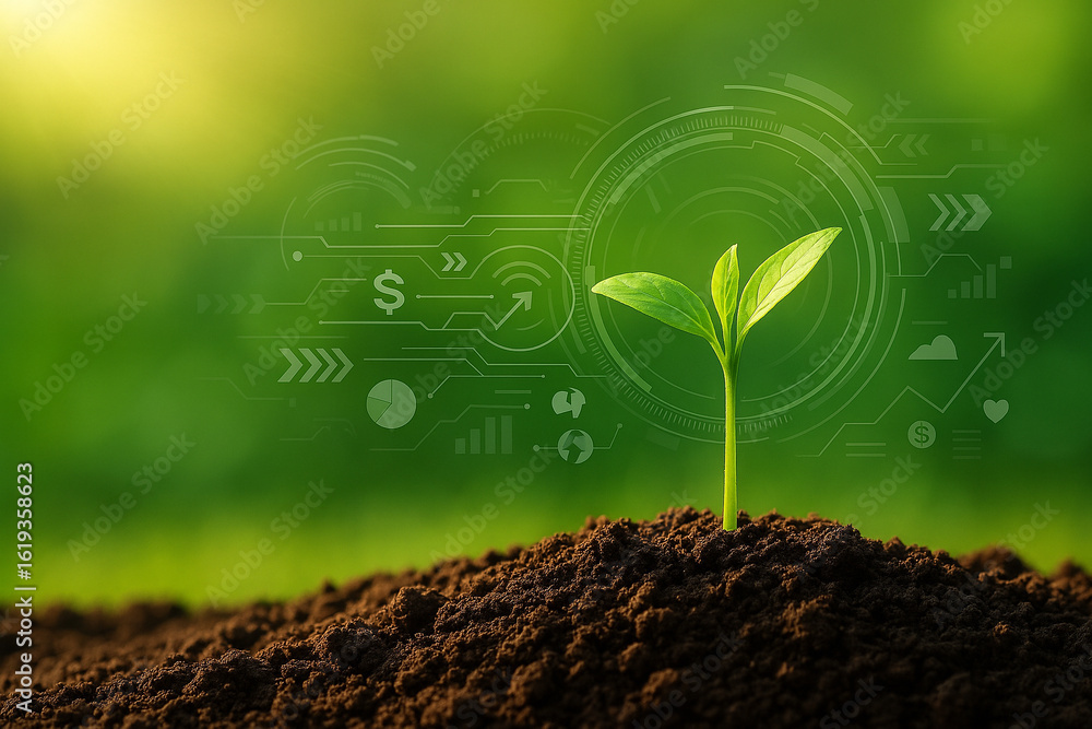 Poster ai generated young green seedling grows from fertile soil with futuristic digital data graphics symb