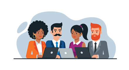 Diverse team of professionals collaborating on laptops, ideal for website banners or business presentations.