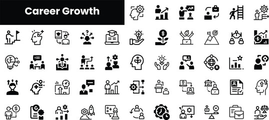 A collection of black and white icons representing various aspects of career growth, including goal setting, teamwork, and professional development.