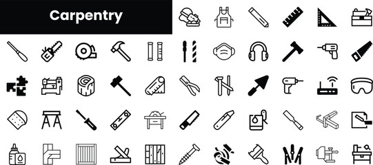 A collection of various carpentry tools and icons, including hammers, saws, tape measures, and more, displayed in a clean, minimalistic style.