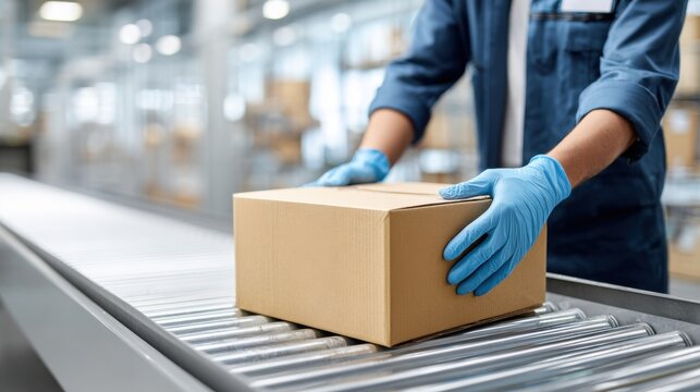 Worker wearing blue gloves placing cardboard box on conveyor belt, in a warehouse or factory setting.