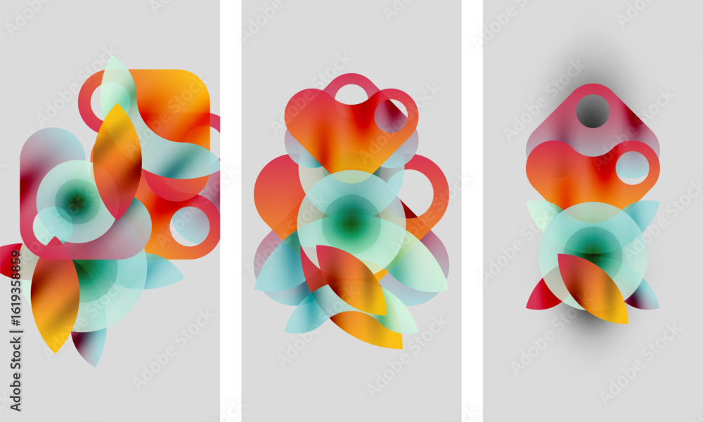 Poster abstract artwork. three panels display overlapping translucent shapes, vibrant colors, soft gradient