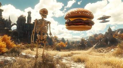 Skeleton gazing at a giant burger floating over a surreal, autumnal landscape with UFOs