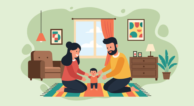 Happy family playing with their baby at home. Perfect for family blogs, parenting websites, and brochures.