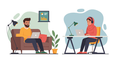 Diverse colleagues working remotely from home offices; perfect for illustrating telecommuting, work-from-home, or remote collaboration.
