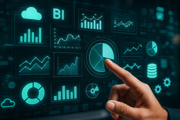 AI generated digital hand interacting with floating interface filled with charts graphs and analytics icons glowing in neon blue against a dark cyber background