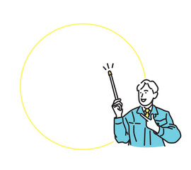 シンプル　イラスト　差し棒を持って説明する作業員の男性 人物
