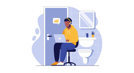 Man working on laptop in a bathroom, ideal for illustrating remote work challenges or humor.