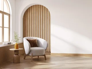 Fotobehang Boho MInimal and warm living room interior with Serene Corner with Natural Light, wooden floors, and an armchair against warm white walls.3d render  © LEKSTOCK 3D