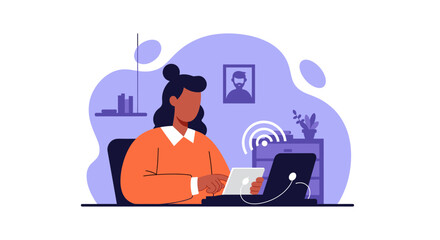 Woman working from home on laptop and tablet, perfect for remote work, freelance, and technology websites.