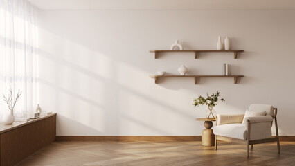 Modern  mid-century interior living room with white sofa and wooden flooring on against warm white...