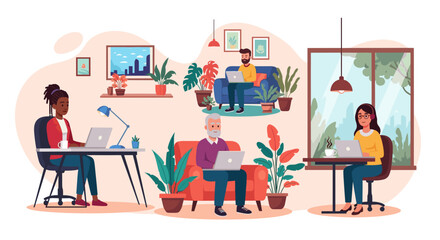Diverse group of people working remotely from home offices, cafes, and comfortable settings. Ideal for illustrating work-life balance, remote work, or diversity in the workplace.