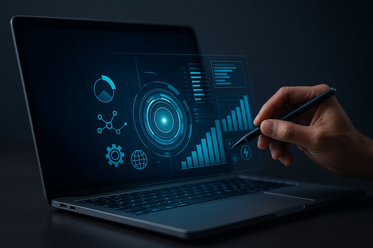 AI generated ultra realistic scene of digital stylus interacting with floating holographic interface above laptop showing bar charts pie charts and glowing tech icons - Powered by Adobe