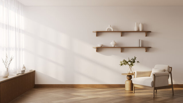 Modern  mid-century interior living room with white sofa and wooden flooring on against warm white walls .3drender