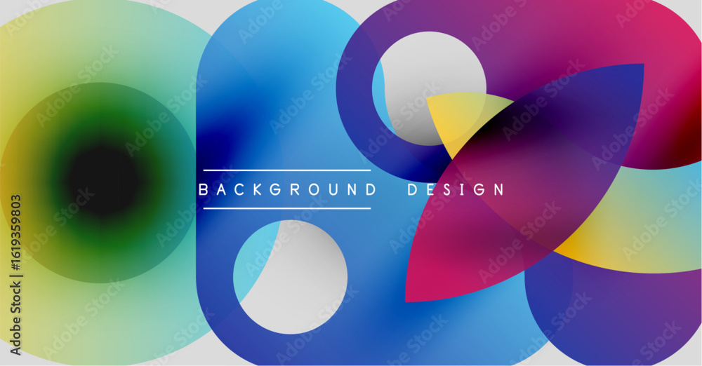 Poster abstract colorful shapes overlap. gradient hues blend, creating dynamic visual effect. modern design
