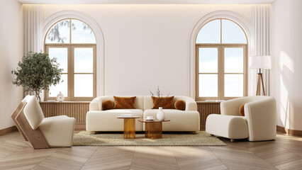 Luxury home interior with modern furniture in a spacious living room, featuring a minimal  stylish and elegant design elements. 3d render