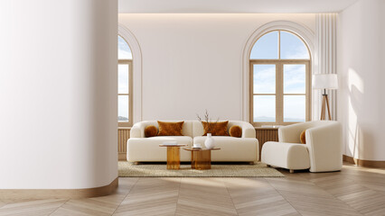 Luxury home interior with modern furniture in a spacious living room, featuring a minimal  stylish...