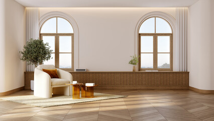 Luxury home interior with modern furniture in a spacious living room, featuring a minimal  stylish and elegant design elements. 3d render
