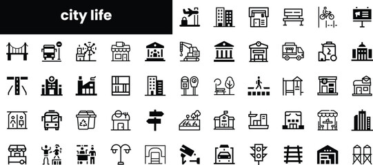 A vibrant collection of city life icons, showcasing urban elements like buildings, transportation, and public services in a minimalist black and white design.