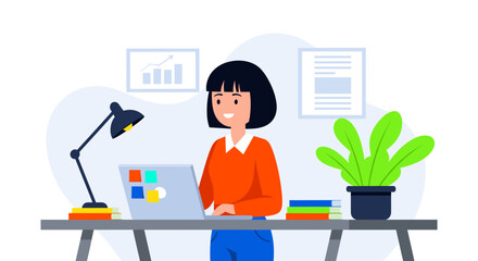 Young woman working on laptop at her desk, perfect for website banners, blog posts, or social media.