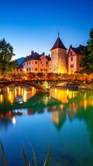 Obraz premium Evening cityscape reflected in tranquil water