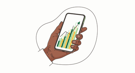 Hand Holding Smartphone Displaying Rising Financial Graph with Green and Yellow Bars Illustrating Growth and Success in Modern Digital Economy and Business Analytics Concept