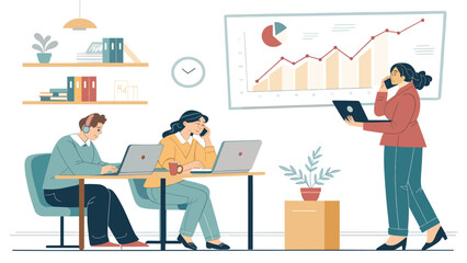Teamwork in a modern office: Illustration of colleagues working on laptops and phones, ideal for business presentations or website landing pages.
