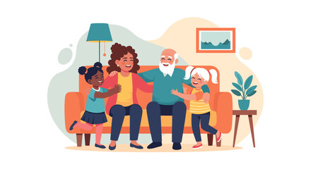 Happy multigenerational family spending quality time together on a couch, perfect for family blogs, greeting cards, or websites.