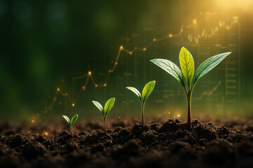 AI generated young plants sprout in stages across rich soil with a glowing upward chart in the background symbolizing progress finance investment sustainability hope and long term growth