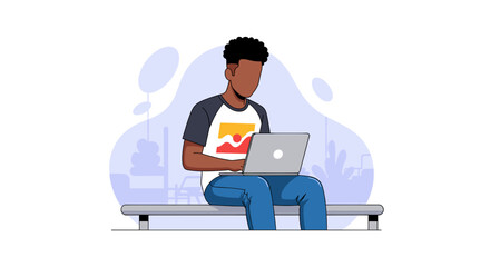 Young man working on laptop outdoors, perfect for website banners or blog posts about remote work.