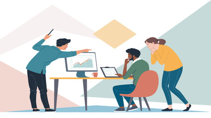 Diverse team brainstorming, analyzing data graphs on computer, perfect for business presentations or website landing pages.