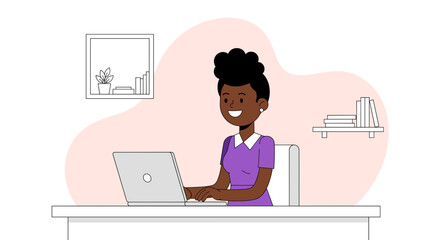 Happy Black woman working on laptop, perfect for websites, blogs, and social media.