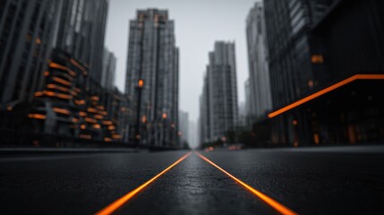 Fototapeta premium Low angle view of city street flanked by tall buildings, enhanced with orange light